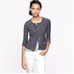 J.Crew Women's Jacket Size XL Blazer Blue Tweed Boucle Zipper Stretch